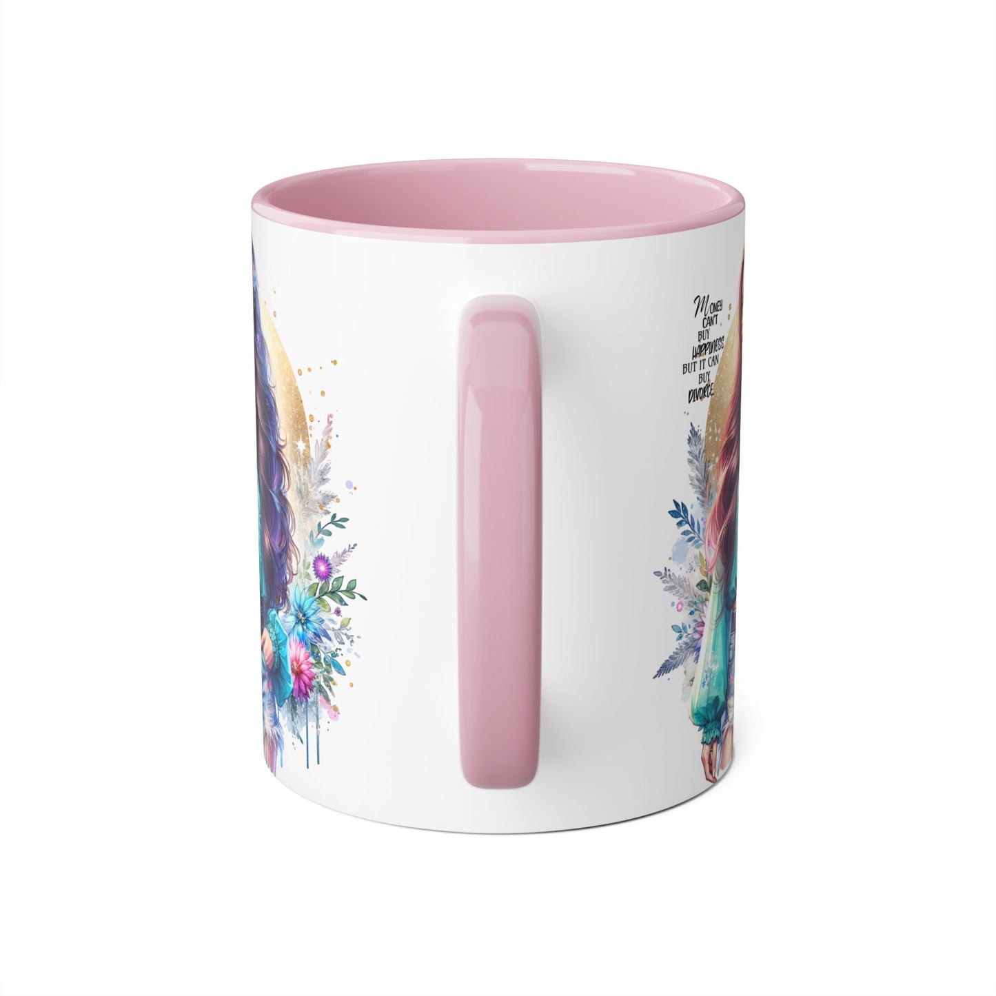 Money Can't Buy Happiness But It Can Buy Divorce Humoristic Inspirational Accent Mug, 11oz Coffee Cup for Boho Lovers, Unique Gift for Women, Flower Art Mug, Home Decor, Birthday Celebration