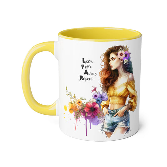 Colorful Floral Accent Mug, Love Pain Alone Repeat, Inspirational Coffee Cup, Gift for Friends, Art Lover Mug