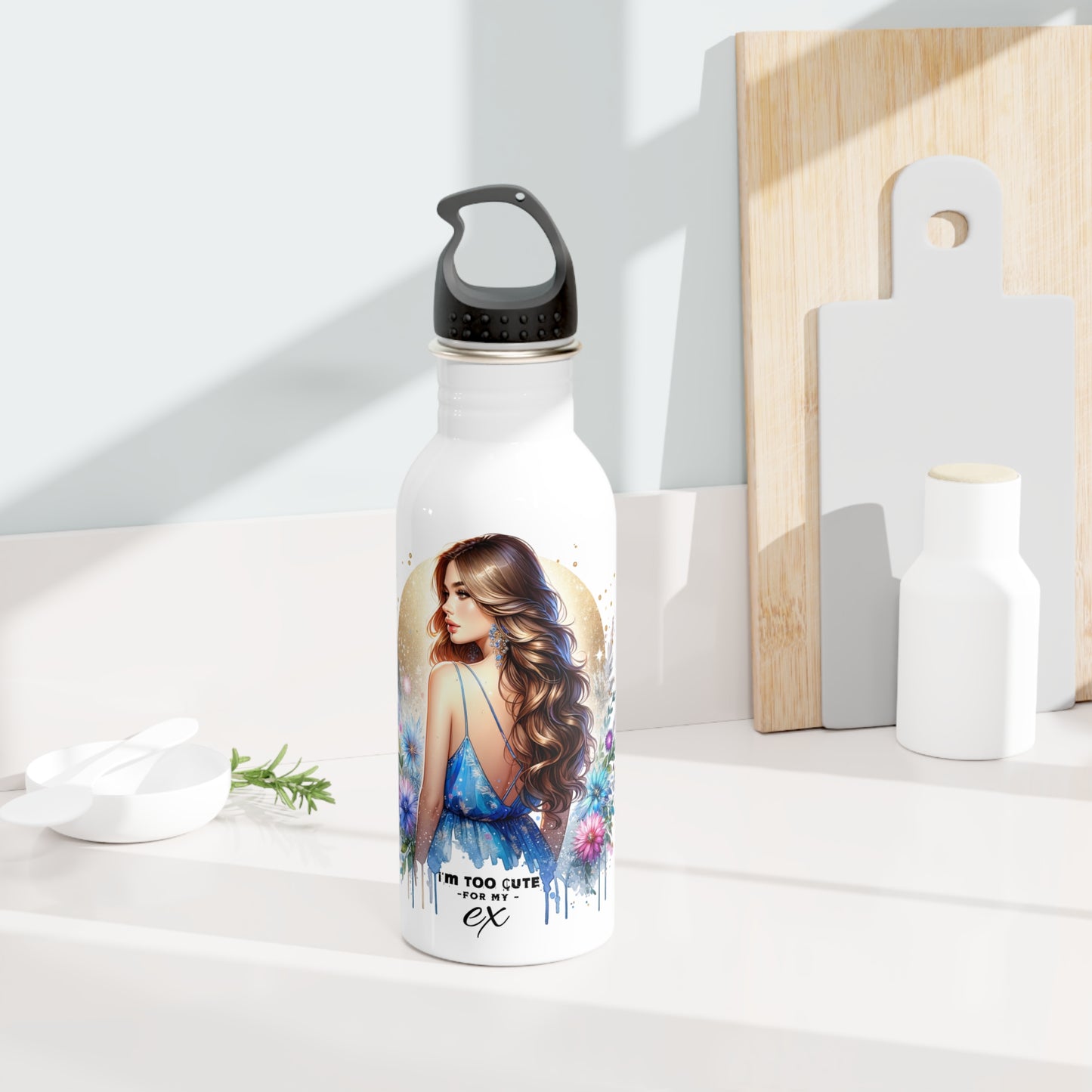 I'm Too Cute For My Ex Floral Girl Stainless Steel Water Bottle, Travel Mug, Hydration Bottle, Gift for Her, Sports Bottle, Eco-Friendly Water Container