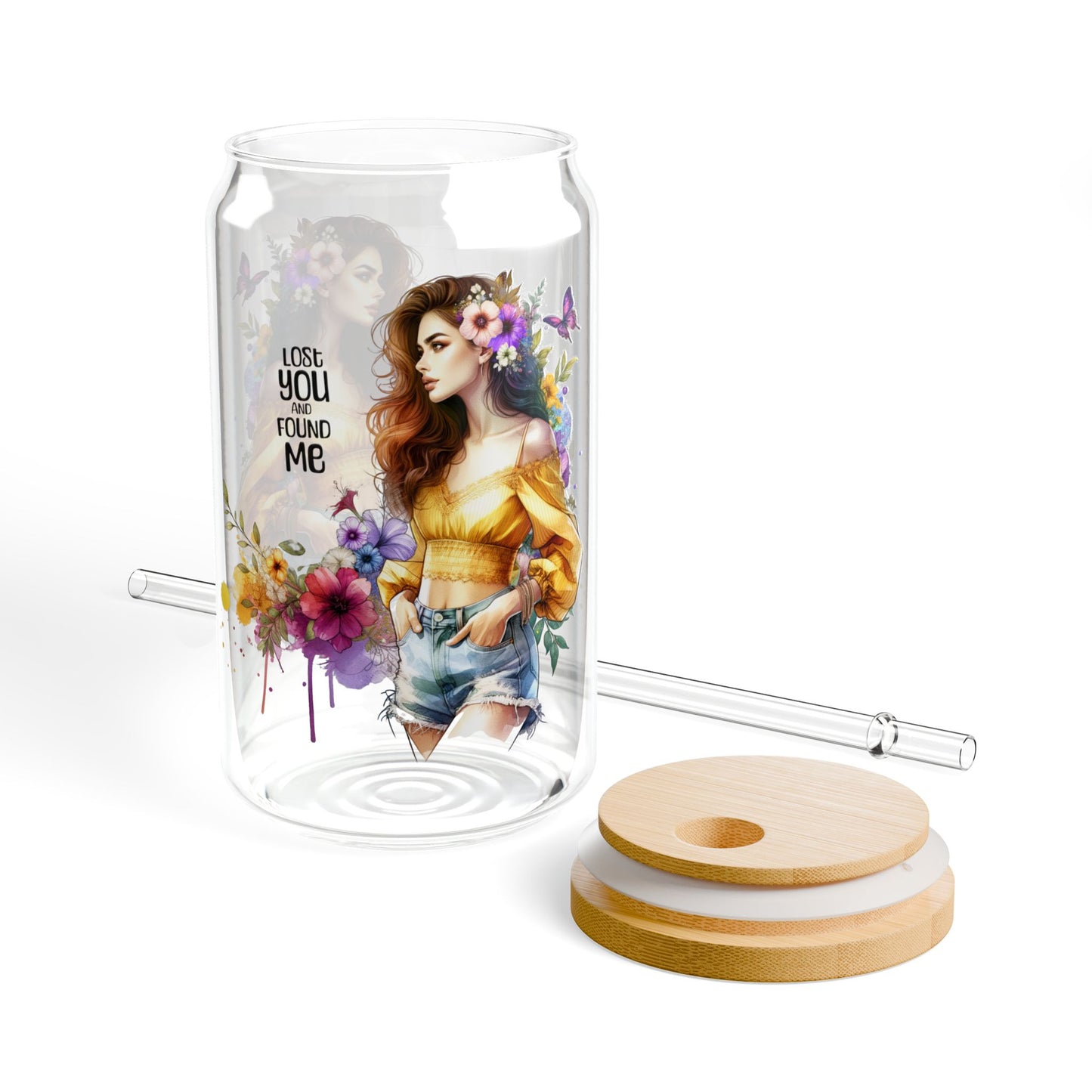 Lost You and Found Me Colorful Floral Sipper Glass, 16oz Drinkware, Summer Vibes, Gift for Her, Eco-Friendly Beverage Jar, Party Drink Container