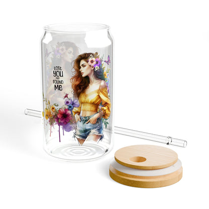 Lost You and Found Me Colorful Floral Sipper Glass, 16oz Drinkware, Summer Vibes, Gift for Her, Eco-Friendly Beverage Jar, Party Drink Container