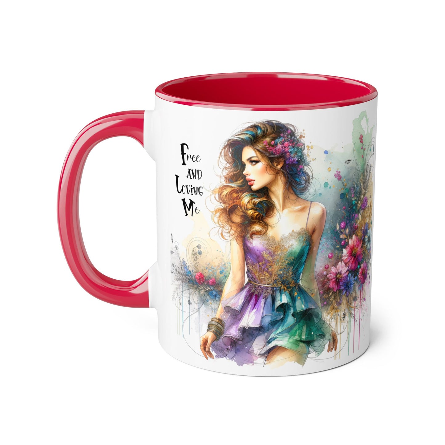 Artistic Floral Accent Mug - "Free and Loving Me" - Inspirational Coffee Cup, Gift for Her, Unique Home Decor, Special Occasion