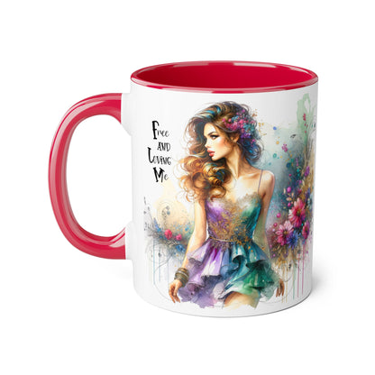 Artistic Floral Accent Mug - "Free and Loving Me" - Inspirational Coffee Cup, Gift for Her, Unique Home Decor, Special Occasion