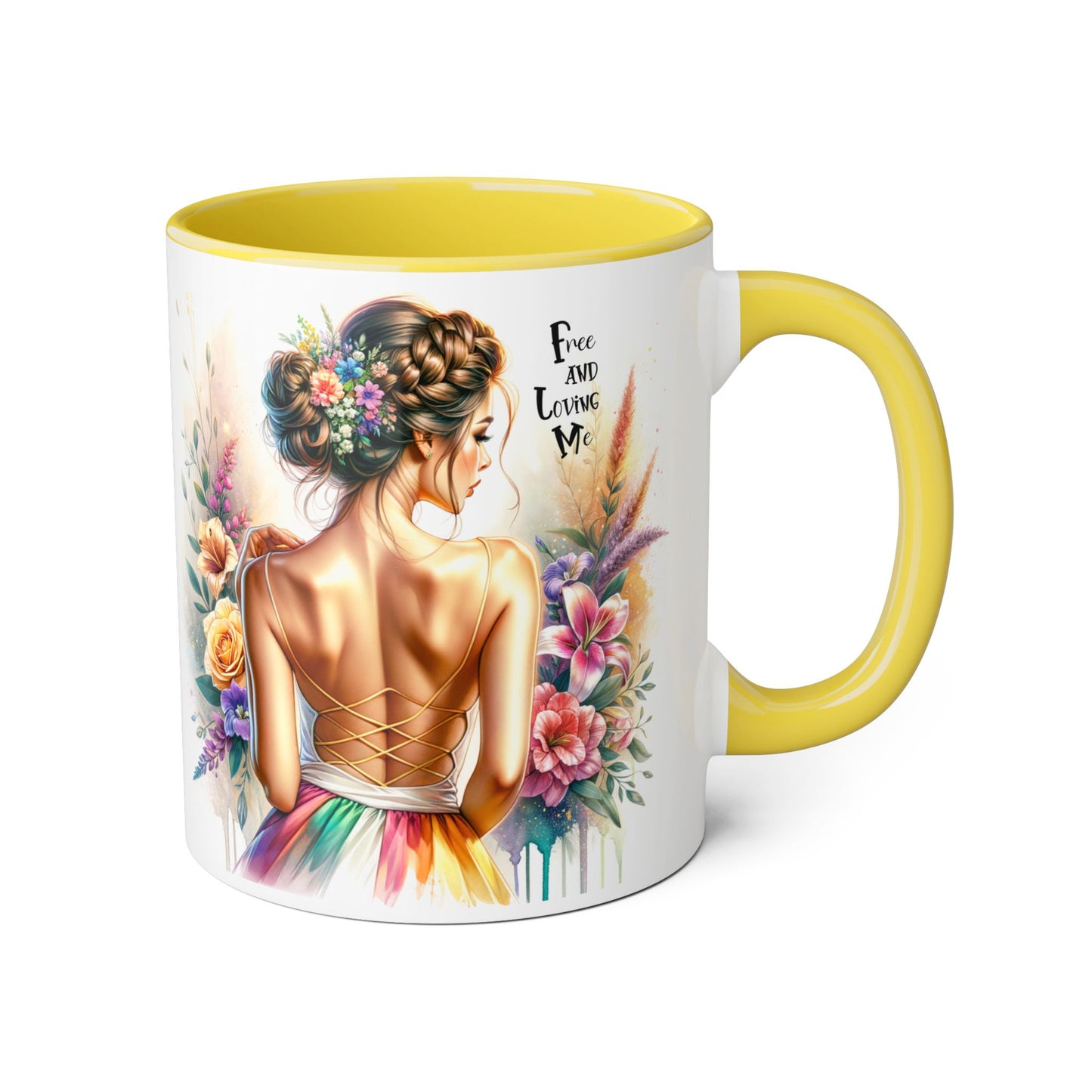 Free and Loving Me Empowering Quote Accent Mug, Inspirational Coffee Mug, Floral Design Mug, Unique Gift for Women, Motivational Drinkware