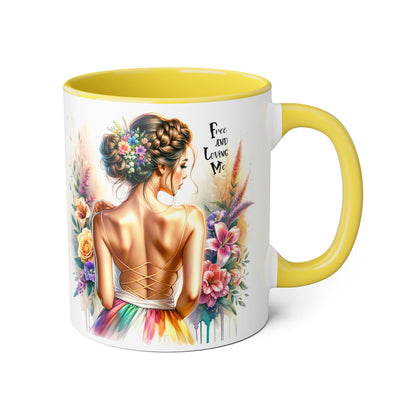 Free and Loving Me Empowering Quote Accent Mug, Inspirational Coffee Mug, Floral Design Mug, Unique Gift for Women, Motivational Drinkware