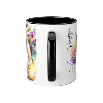 I Was Married Before But I'm Better Now Humoristic Artistic Accent Mug, Coffee Cup for Inspiration, Floral Design, Gift for Friends, Birthday, Home Decor, Motivational Drinkware