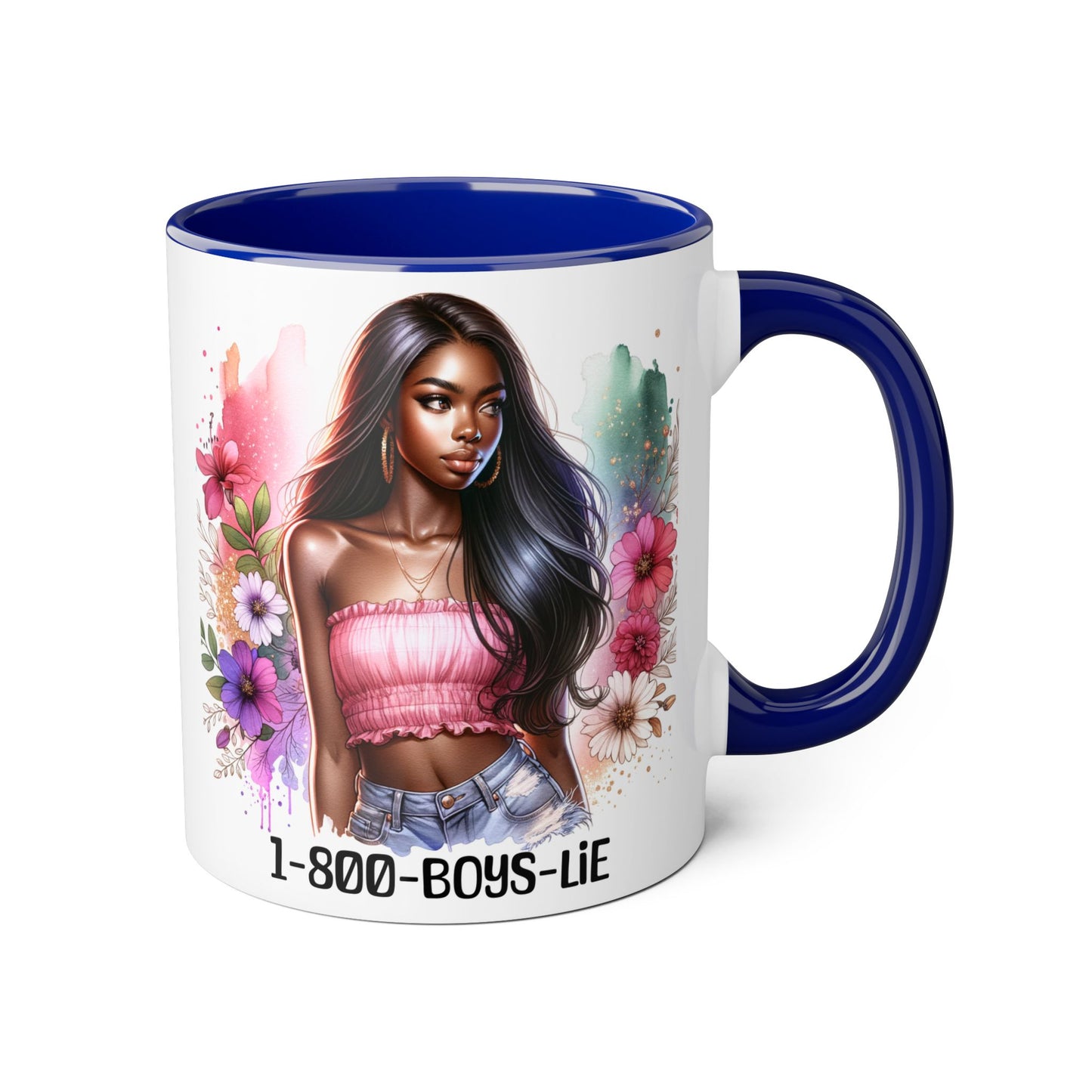 1-800-BOYS-LIE Stylish Floral Accent Mug, 11oz Coffee Mug, Gift for Her, Trendy Drinkware, Unique Birthday Present, Coffee Lover's Companion