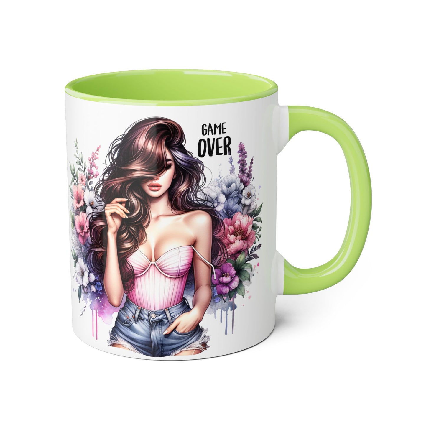 Game Over Floral Accent Mug - 11oz, Coffee Cup for Her, Gift for Gamers, Fun Tea Mug, Unique Kitchen Decor, Women’s Gift Idea