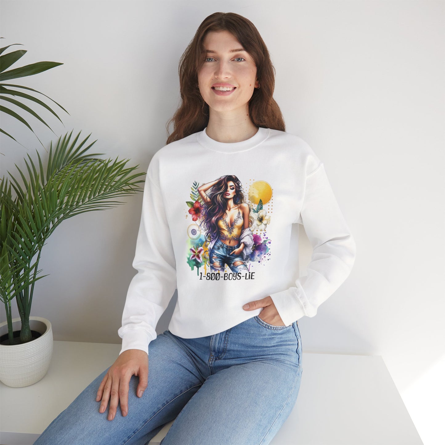 1-800-Boys-Lie Boho Chic Crewneck Sweatshirt with Floral Design, Unisex Gift, Self-Love Apparel, Cozy Casual Wear, Perfect for Relaxation