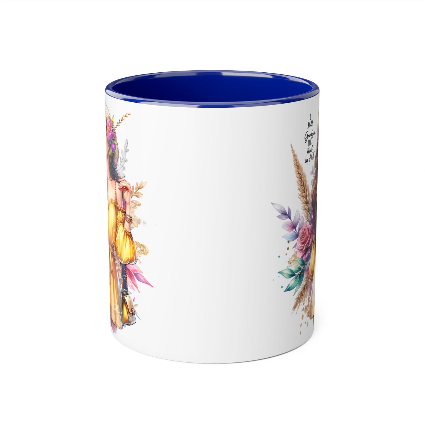 I Hold Grudges, I'll Heal in Hell  Humoristic Bohemian Accent Mug, Colorful Floral Art, Gift for Her, Coffee Lover's Dream, Inspirational Quote