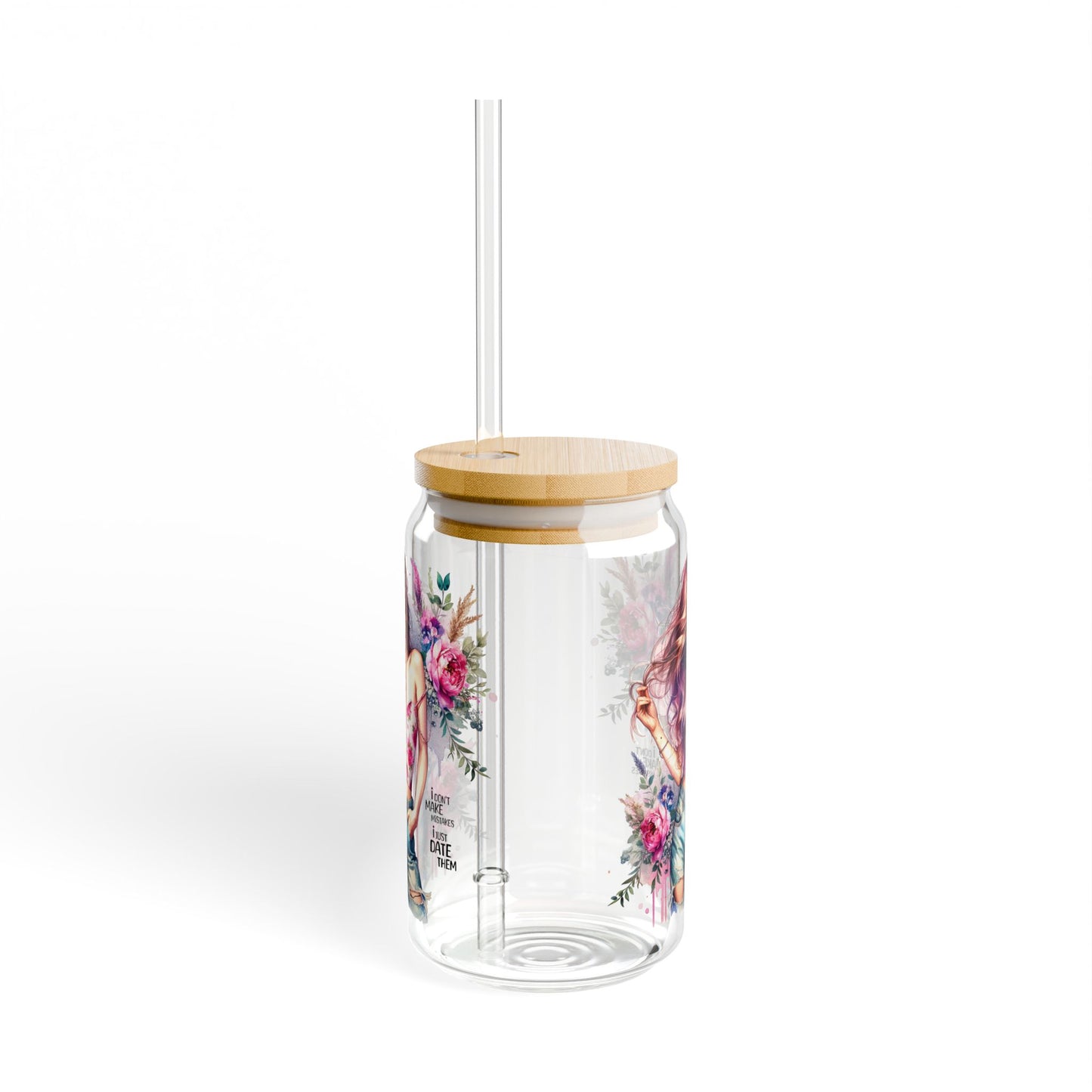 I Don't Make Mistakes, I Date Them Floral Sipper Glass, 16oz - Reusable Jar with Straw for Eco-Friendly Hydration, Perfect for Summer Picnics, Gifts for Her, Beach Days, [...]