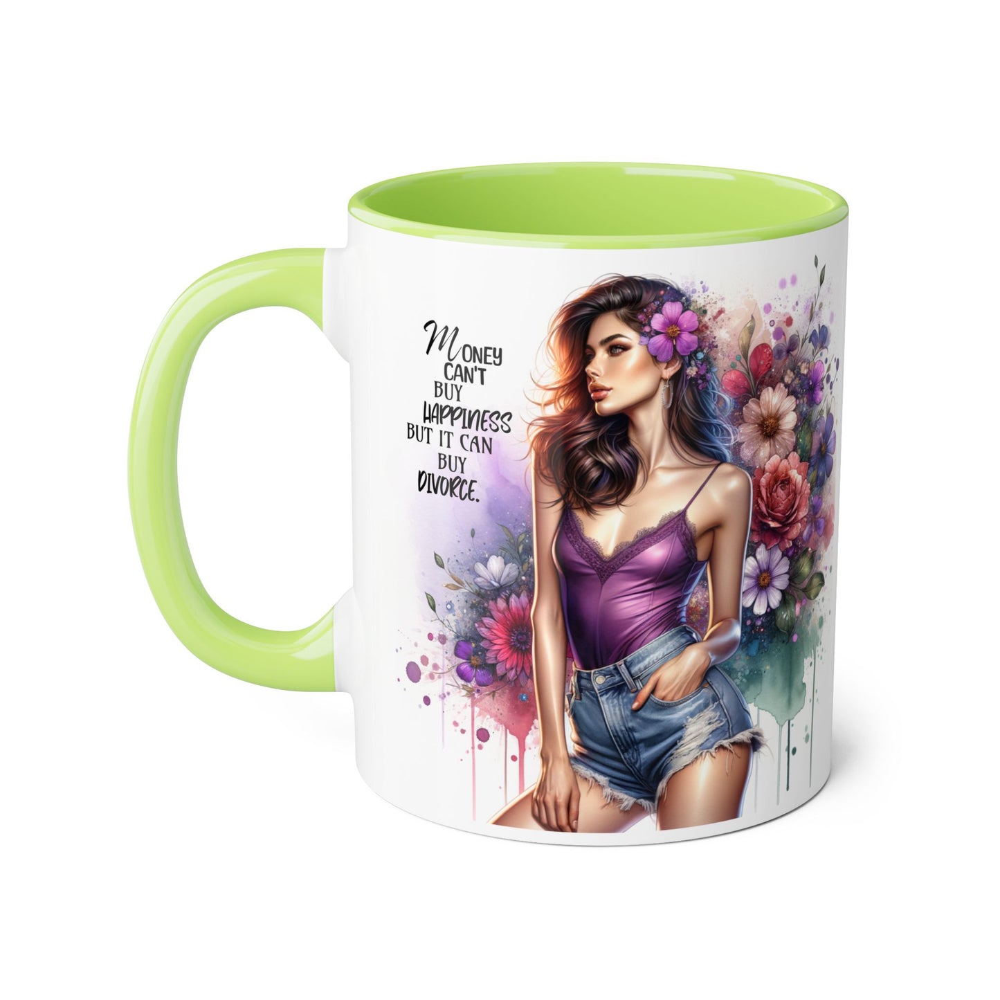 Money Can't Buy Happiness But It Can Buy Divorce Humoristic Floral Inspirational Accent Mug, Fun Coffee Cup for Mom, Unique Gift for Her, Coffee Lovers, Motivational Quotes Mug