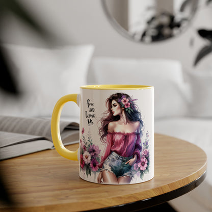 Floral Bohemian Accent Mug - Free and Loving Me Design, Coffee Cup Gift, Mother's Day Present, Home Decor, Art Drinkware