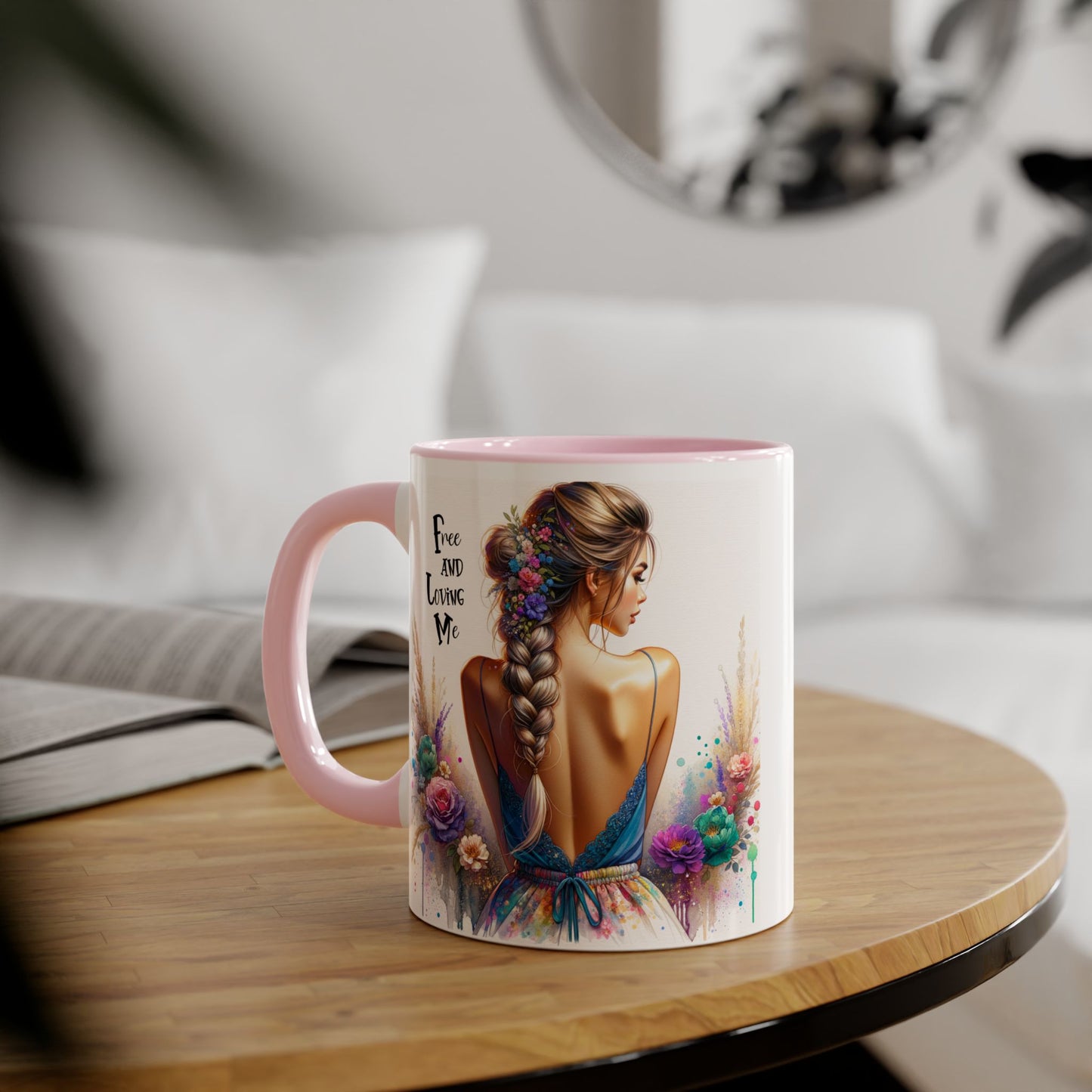 Free and Loving Me Floral Freedom Accent Mug - Inspirational Coffee Cup, Gift for Her, Artist Mug, Tea Lover's Cup, Home Decor