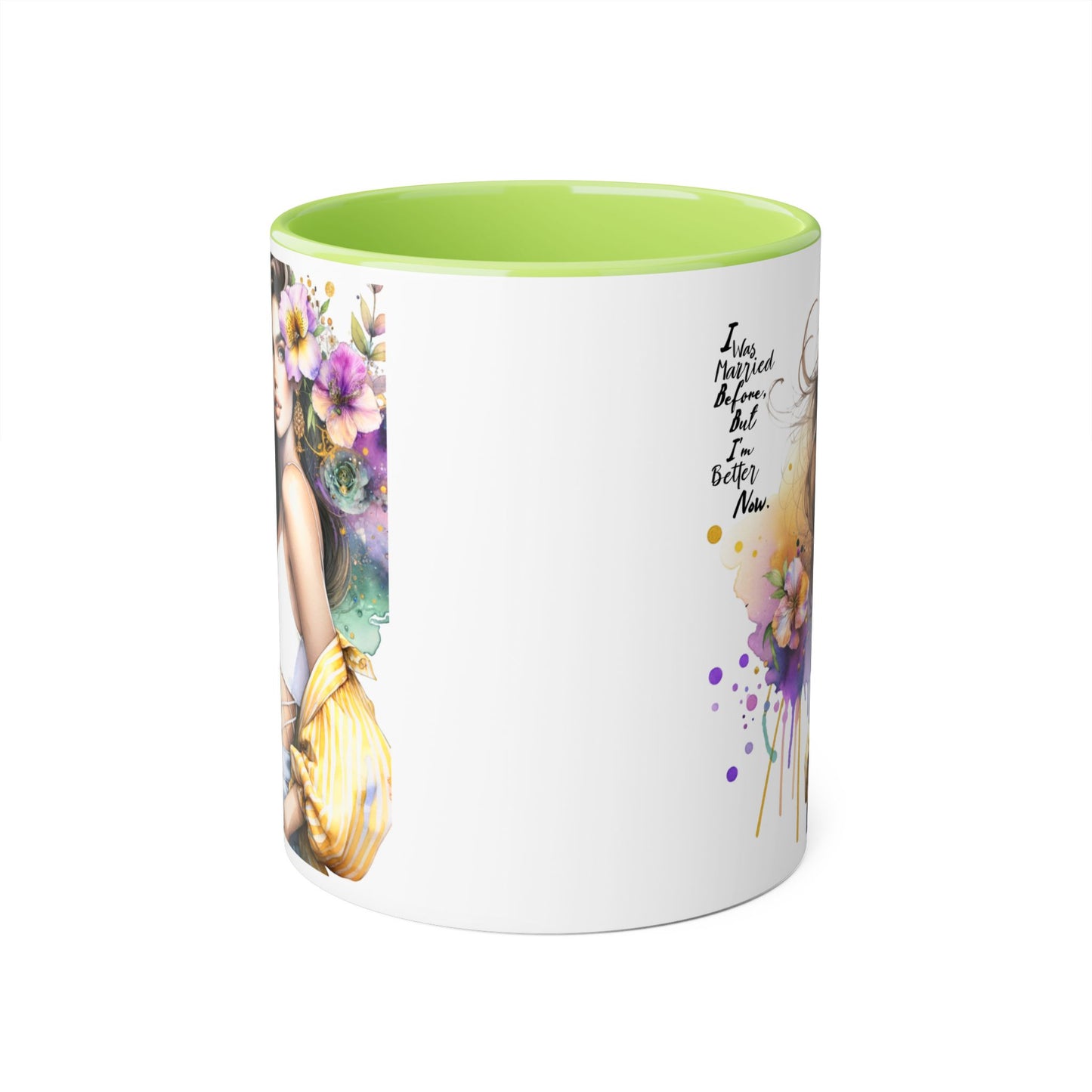 I Was Married Before But I'm Better Now Humoristic Artistic Accent Mug, Coffee Cup for Inspiration, Floral Design, Gift for Friends, Birthday, Home Decor, Motivational Drinkware