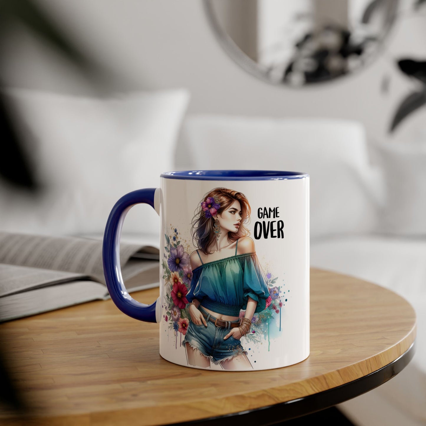 Vibrant Game Over Accent Mug - Floral Design, 11oz Coffee Cup, Unique Gift, for Gamers, Birthday or Everyday Use