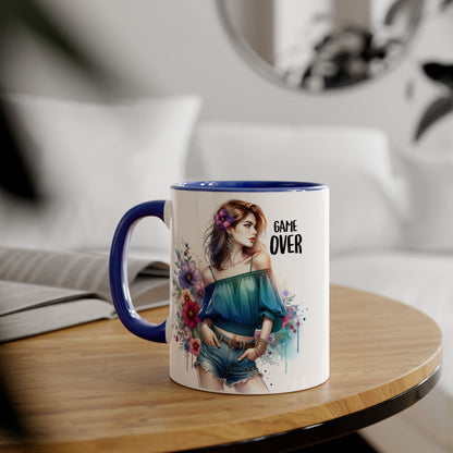 Vibrant Game Over Accent Mug - Floral Design, 11oz Coffee Cup, Unique Gift, for Gamers, Birthday or Everyday Use