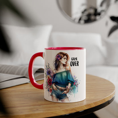 Vibrant Game Over Accent Mug - Floral Design, 11oz Coffee Cup, Unique Gift, for Gamers, Birthday or Everyday Use