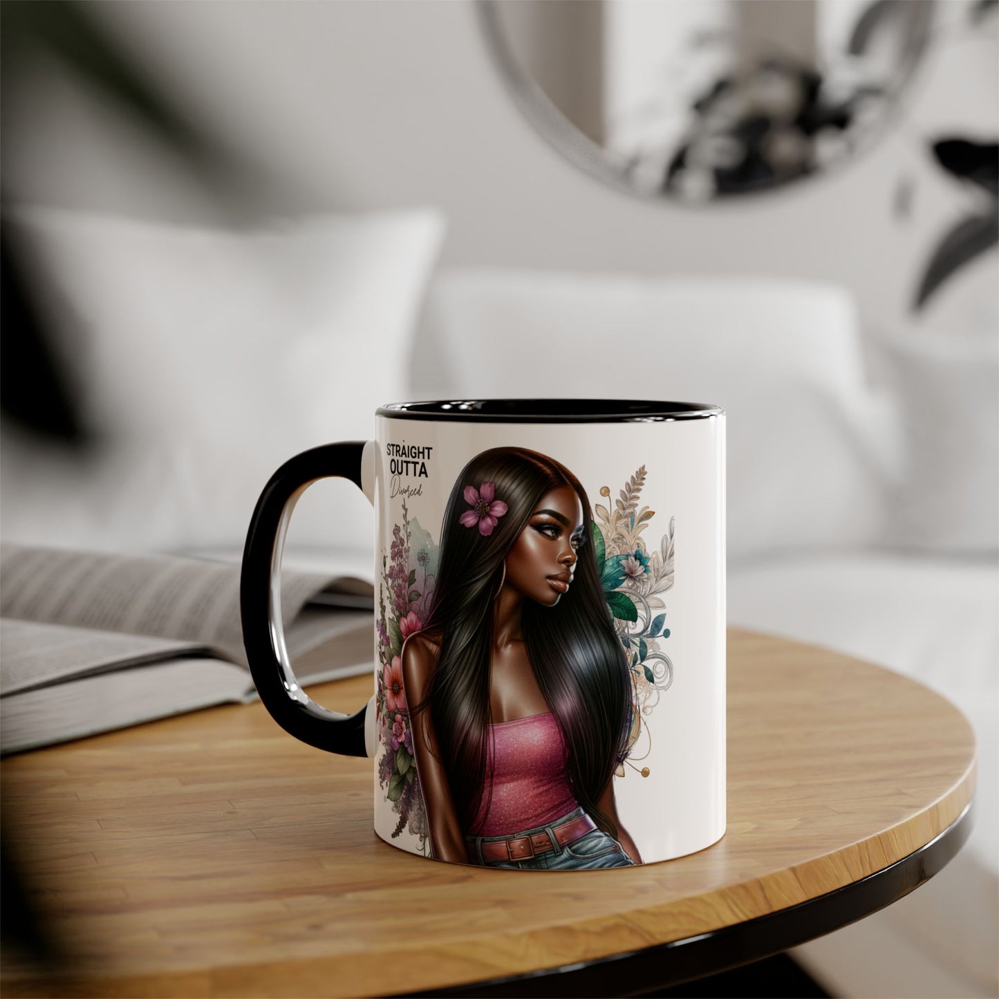Straight Outta Divorced Humoristic Vibrant Statement Mug, Black Handle Coffee Cup, Floral Art Beverage Mug, Gift for Her, Inspirational Drinkware, Birthday Mug