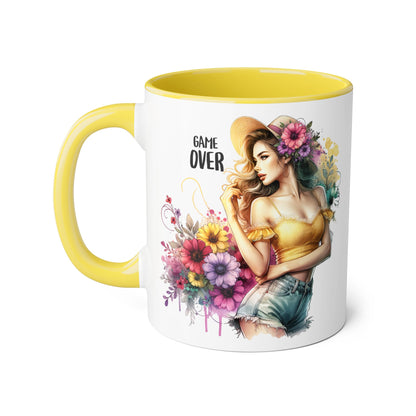 Game Over Floral Accent Mug, Gift for Gamers, Coffee Tea Cup, Home Decor, Birthday, Celebration, Unique Mug