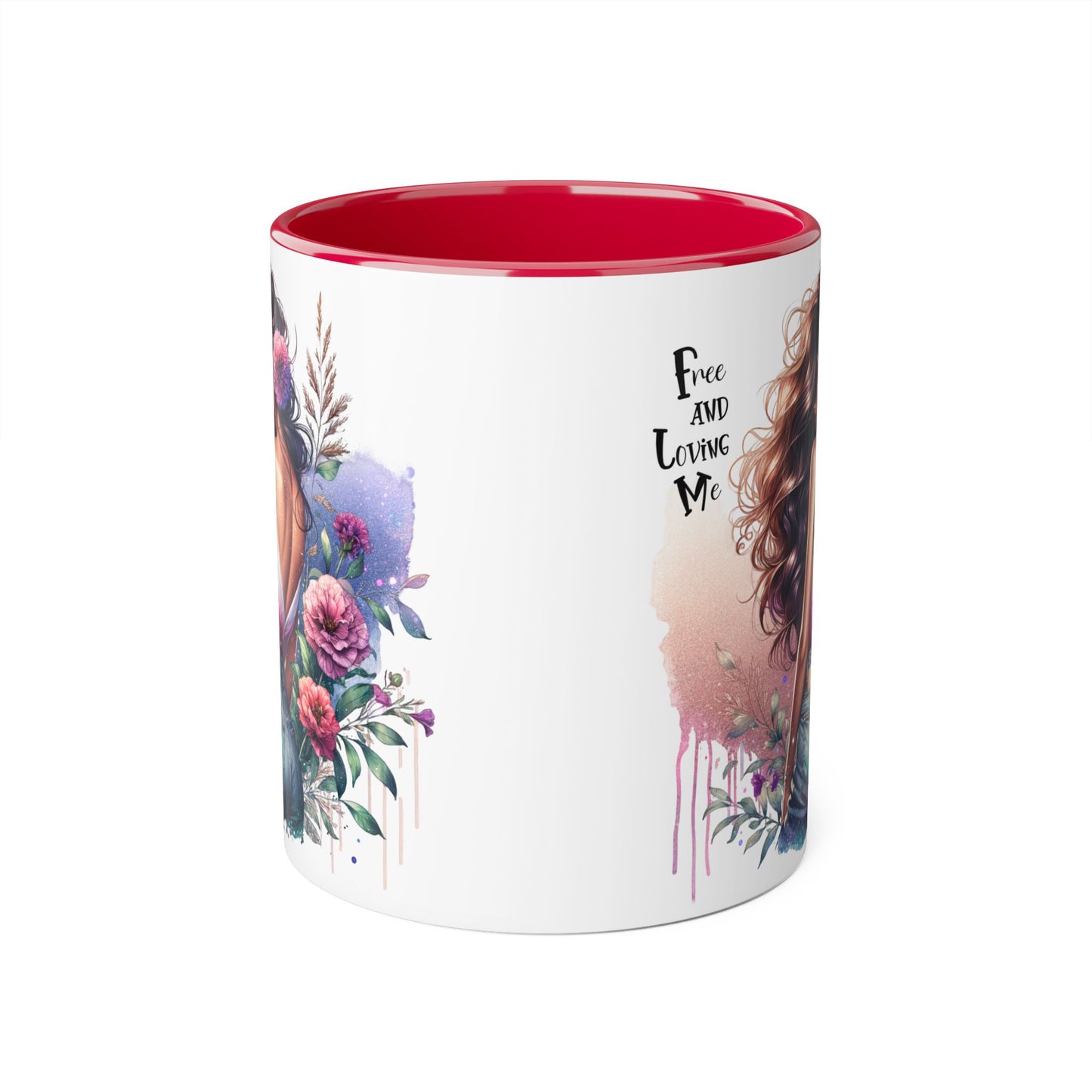 Free and Loving Me Boho Floral Accent Mug, 11oz Coffee Cup, Inspirational Mug for Women, Gift for Friends, Cozy Home Decor, Self-Love Reminder