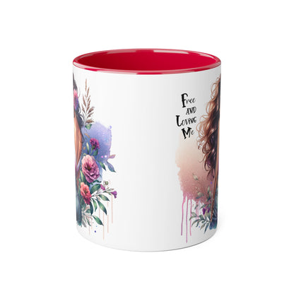 Free and Loving Me Boho Floral Accent Mug, 11oz Coffee Cup, Inspirational Mug for Women, Gift for Friends, Cozy Home Decor, Self-Love Reminder