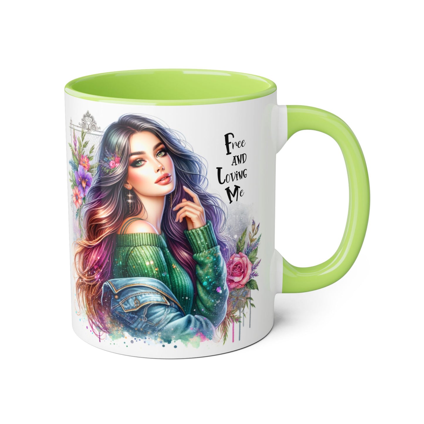 Bohemian Chic Accent Mug, Free and Loving Me 11oz Coffee Cup, Gifts for Her, Artistic Drinkware, Unique Home Decor, Floral Coffee Mug
