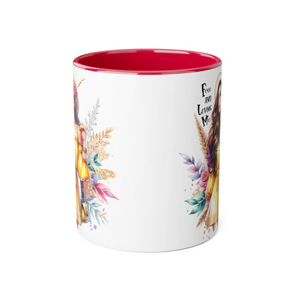 Free and Loving Me Bold Boho Accent Mug, Artistic Coffee Cup, Unique Gift for Women, Inspirational Kitchenware, Floral Design, Birthday Mug