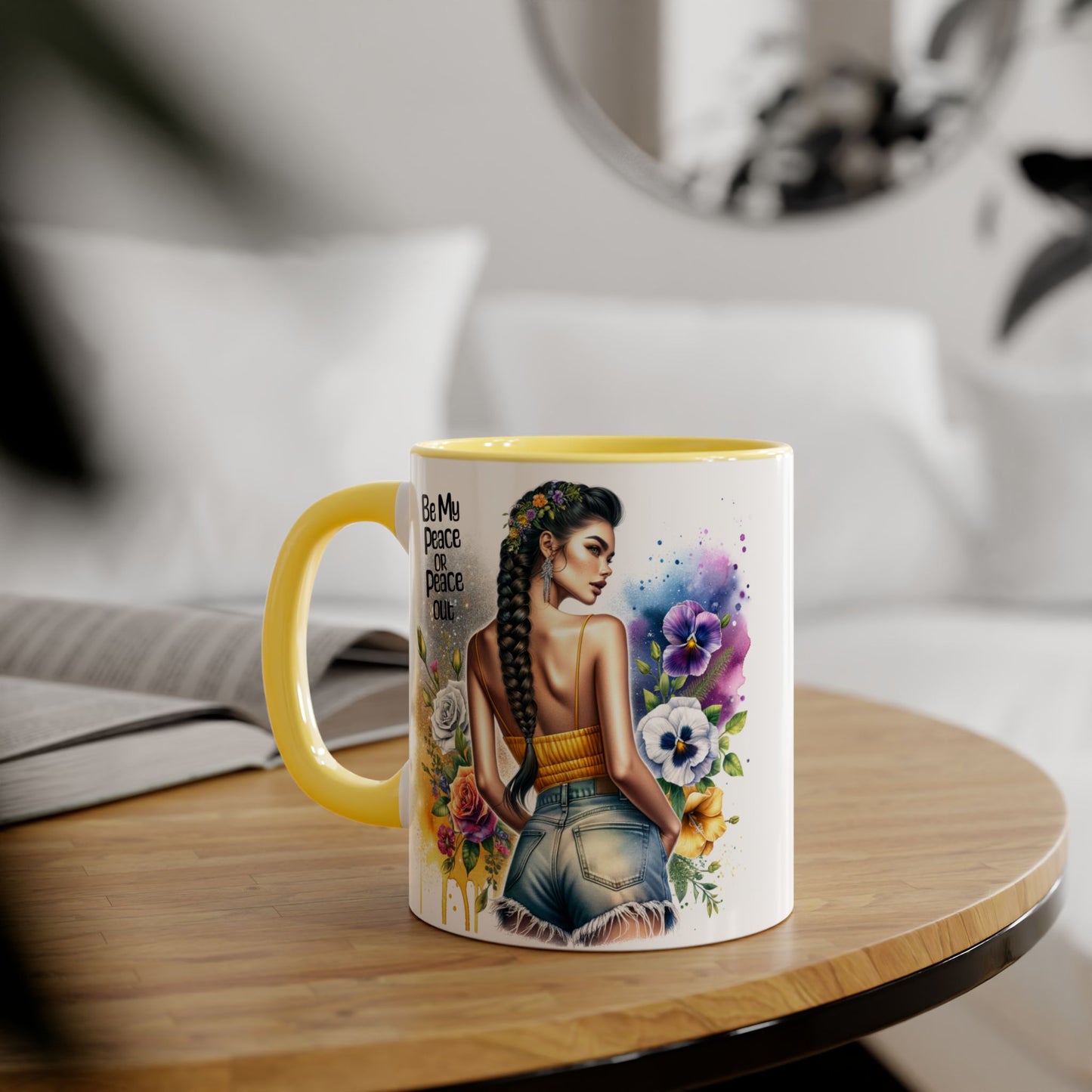 Artistic Black Handle Mug with Inspirational Message, Be My Peace or Peace Out, Unique Gift for Coffee Lovers, Colorful Floral Design, [...]