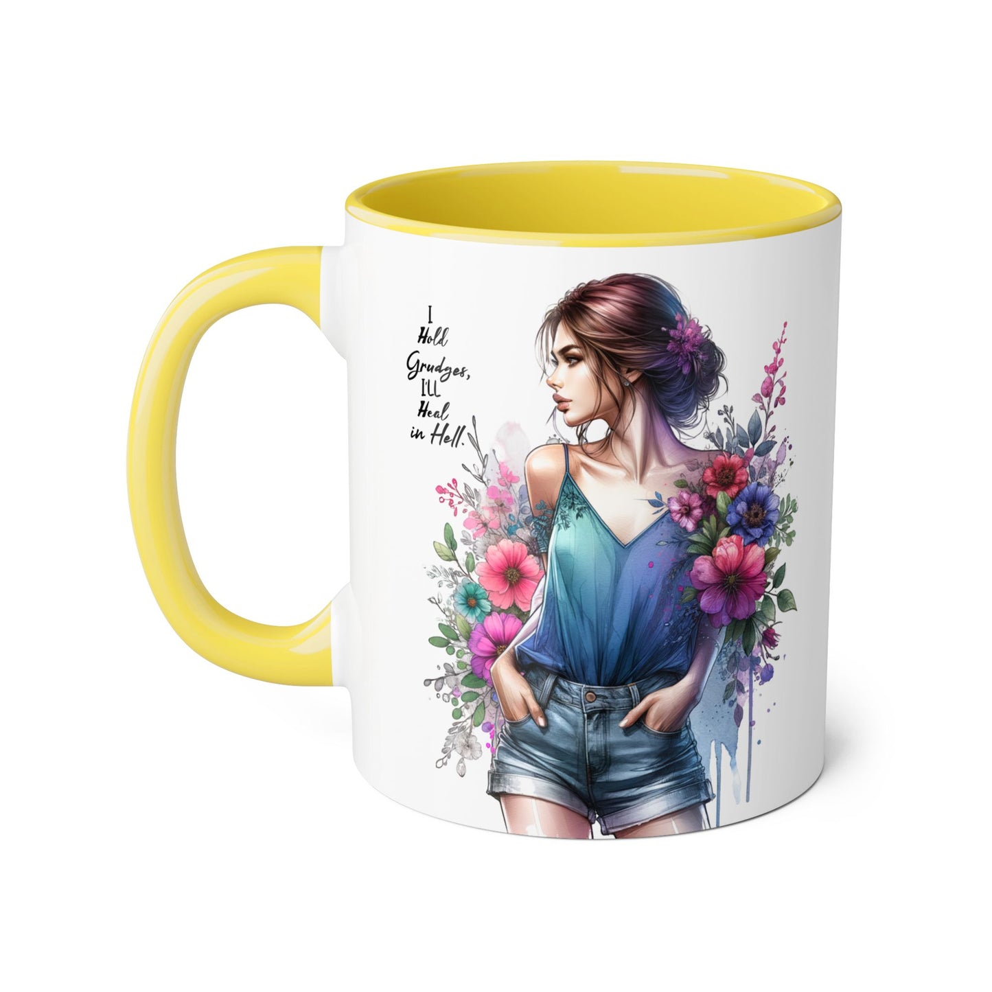 I Hold Grudges, I'll Heal in Hell  Humoristic Floral Accent Mug, 11oz Coffee Cup for Grandma, Gift for Her, Birthday Present, Mother's Day, Home Decor, Floral Design