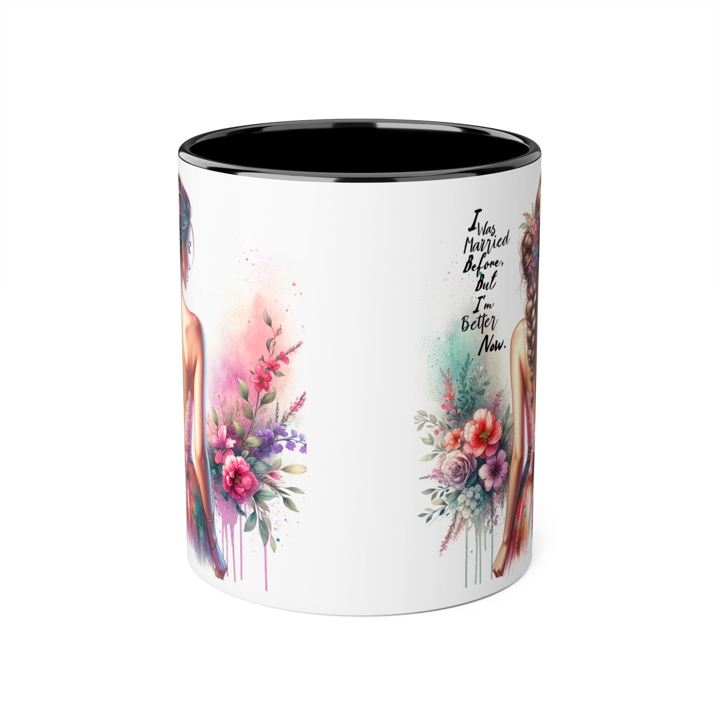 I Was Married Before But I'm Better Now Humoristic Floral Art Accent Mug, Inspirational Coffee Cup, Gift for Her, Boho Decor, Tea Lover's Delight