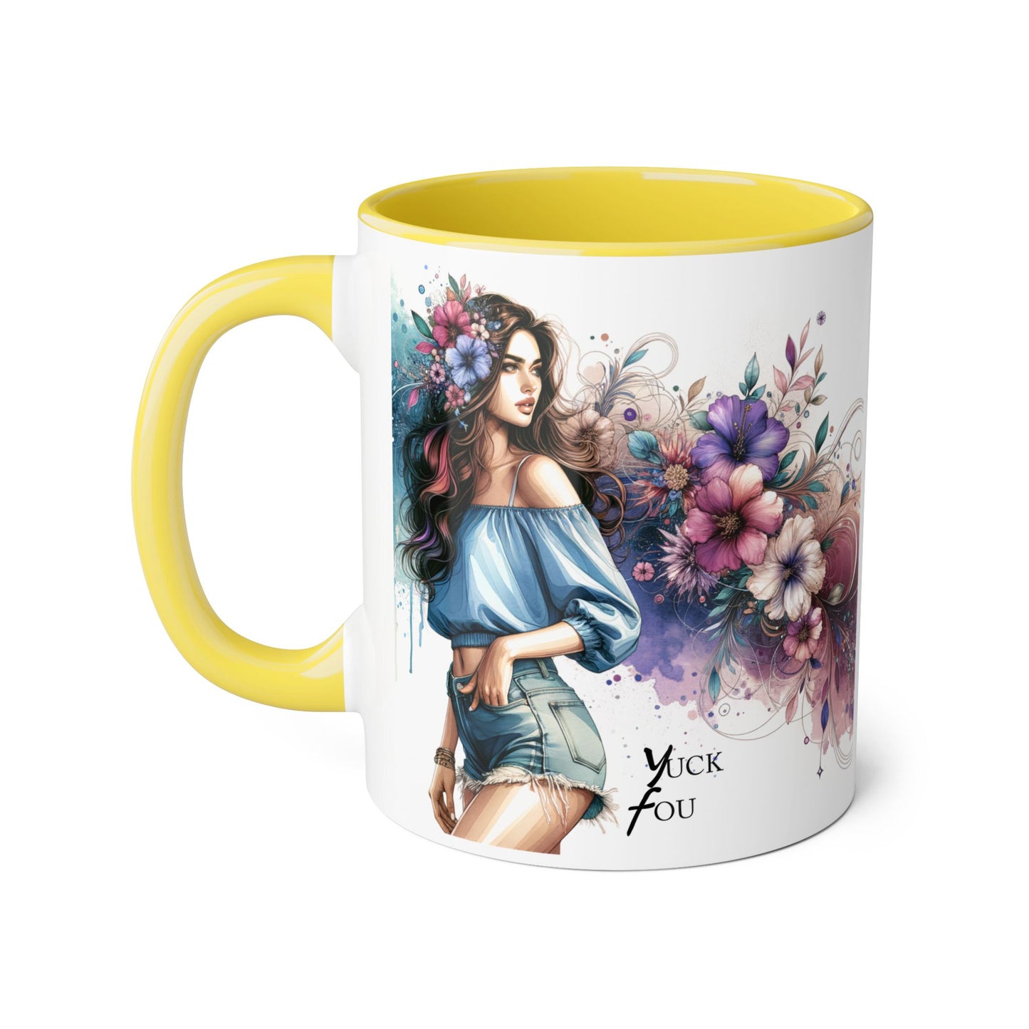 Yuck Fou Bohemian Floral Accent Mug, 11oz Coffee Cup for Art Lovers, Unique Gift for Birthdays, Mother's Day, Relaxation Tea, Decor