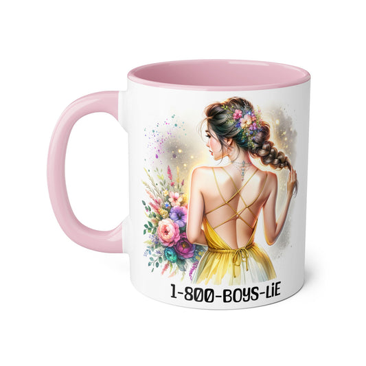 1-800-BOYS-LIE Chic Floral Accent Mug, Artistic Coffee Cup, Gift for Her, Inspirational Tea Mug, Floral Design Drinkware, Home Decor