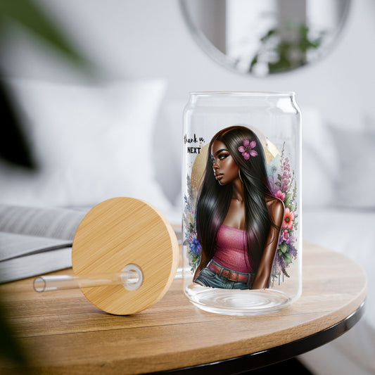 Thank U, Next Fashionable Sipper Glass, 16oz | Stylish Drinkware, Gift for Her, Summer Party, Eco-Friendly, Floral Design, Trendy Hydration