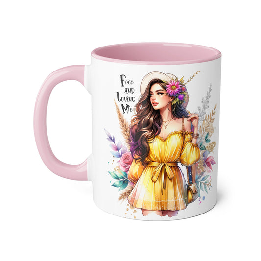 Free and Loving Me Bold Boho Accent Mug, Artistic Coffee Cup, Unique Gift for Women, Inspirational Kitchenware, Floral Design, Birthday Mug