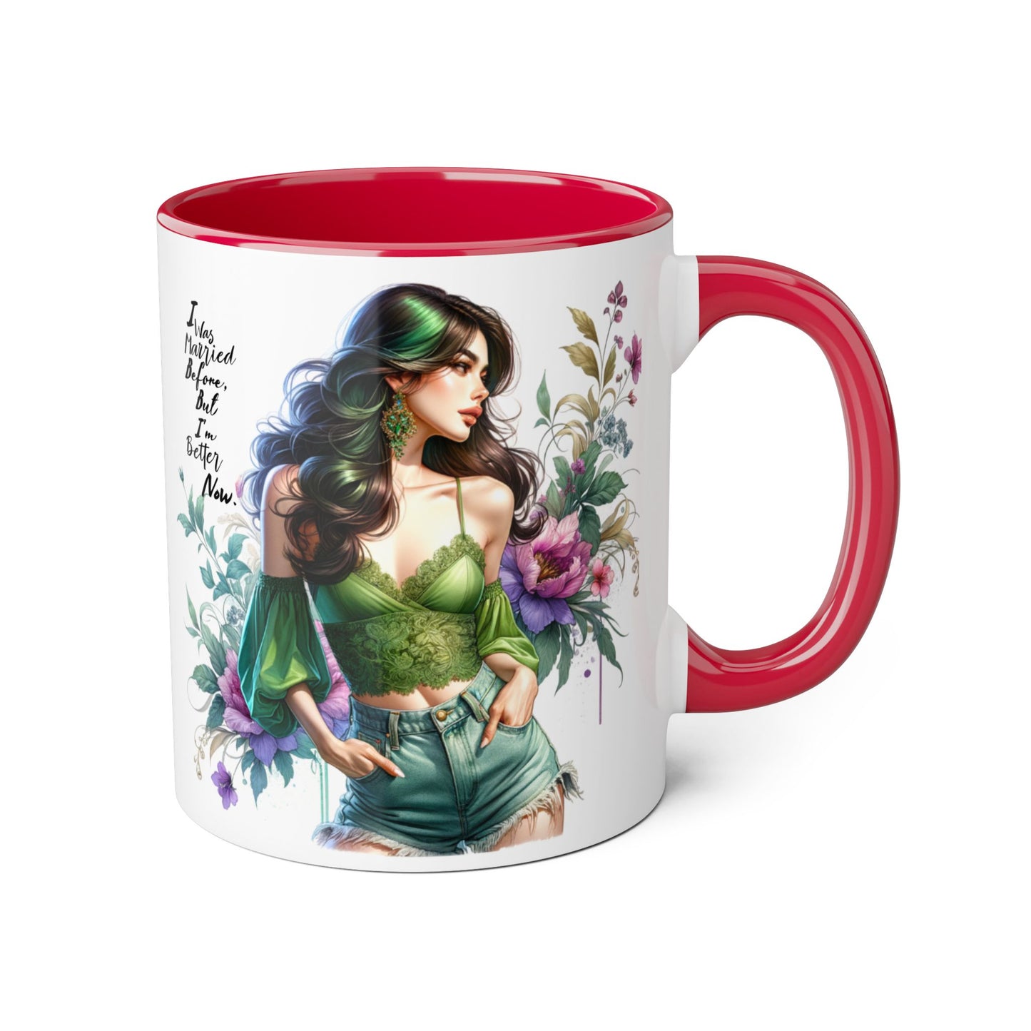 I Was Married Before But I'm Better Now Humoristic Floral Goddess Accent Mug, Inspirational Coffee Cup, Gift for Her, Boho Chic Drinkware, Unique Art Mugs, Home Decor