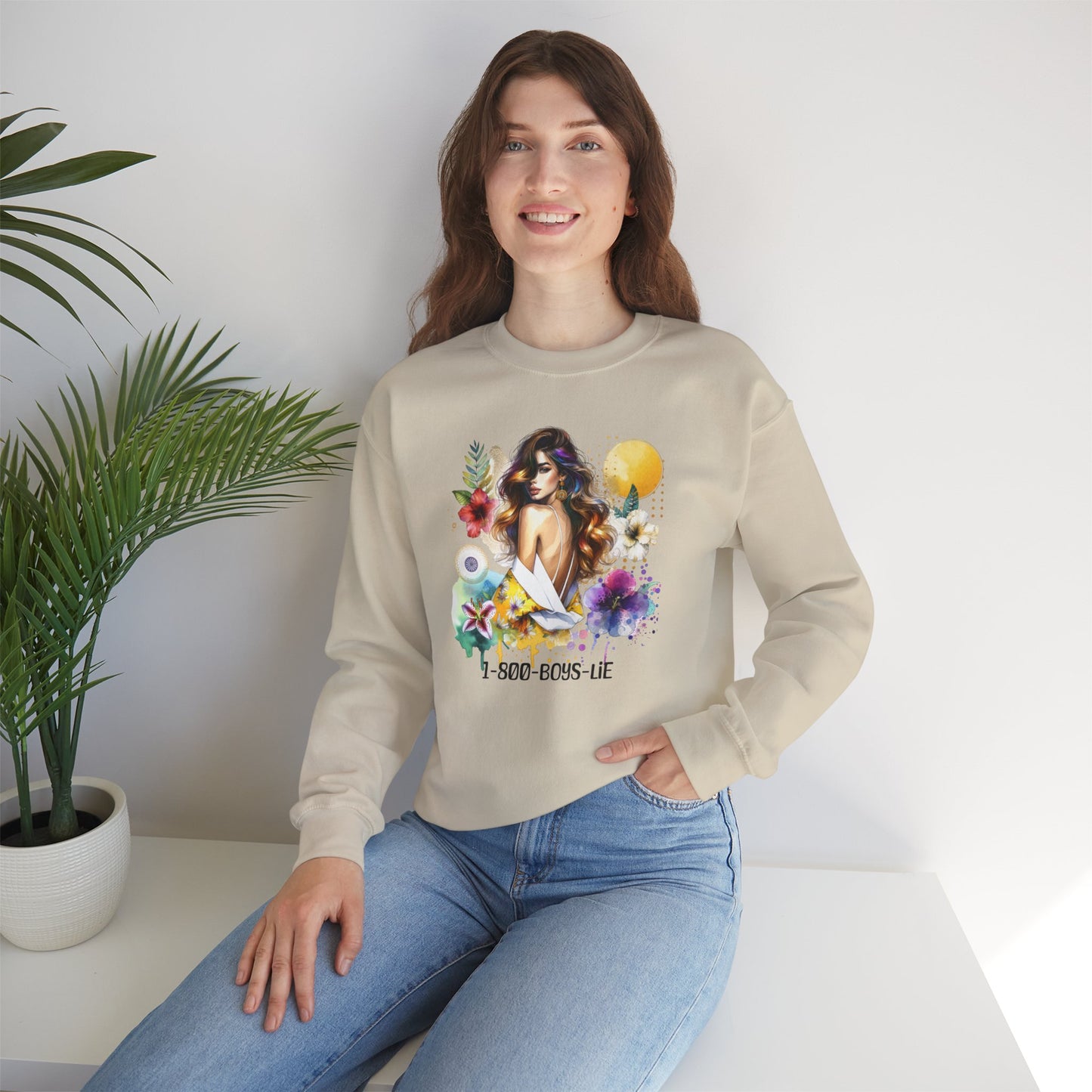 1-800-Boys-Lie Bohemian Floral Crewneck Sweatshirt, Trendy Oversized Sweater, Unique Gift for Her, Cozy Fall Apparel, Birthday & Casual Wear