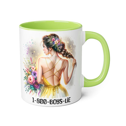 1-800-BOYS-LIE Chic Floral Accent Mug, Artistic Coffee Cup, Gift for Her, Inspirational Tea Mug, Floral Design Drinkware, Home Decor