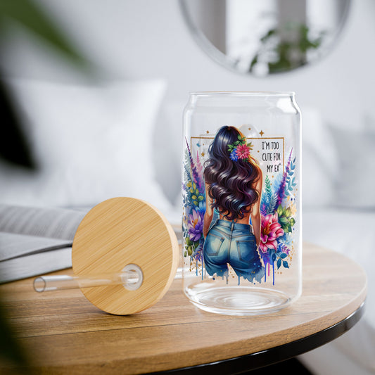I'm Too Cute For My Ex Colorful Floral Sipper Glass, Inspirational Drink Bottle, Eco-Friendly Water Jar, Perfect for Home & Gifts, 16oz