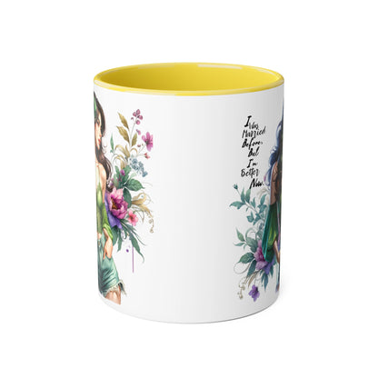 I Was Married Before But I'm Better Now Humoristic Floral Goddess Accent Mug, Inspirational Coffee Cup, Gift for Her, Boho Chic Drinkware, Unique Art Mugs, Home Decor