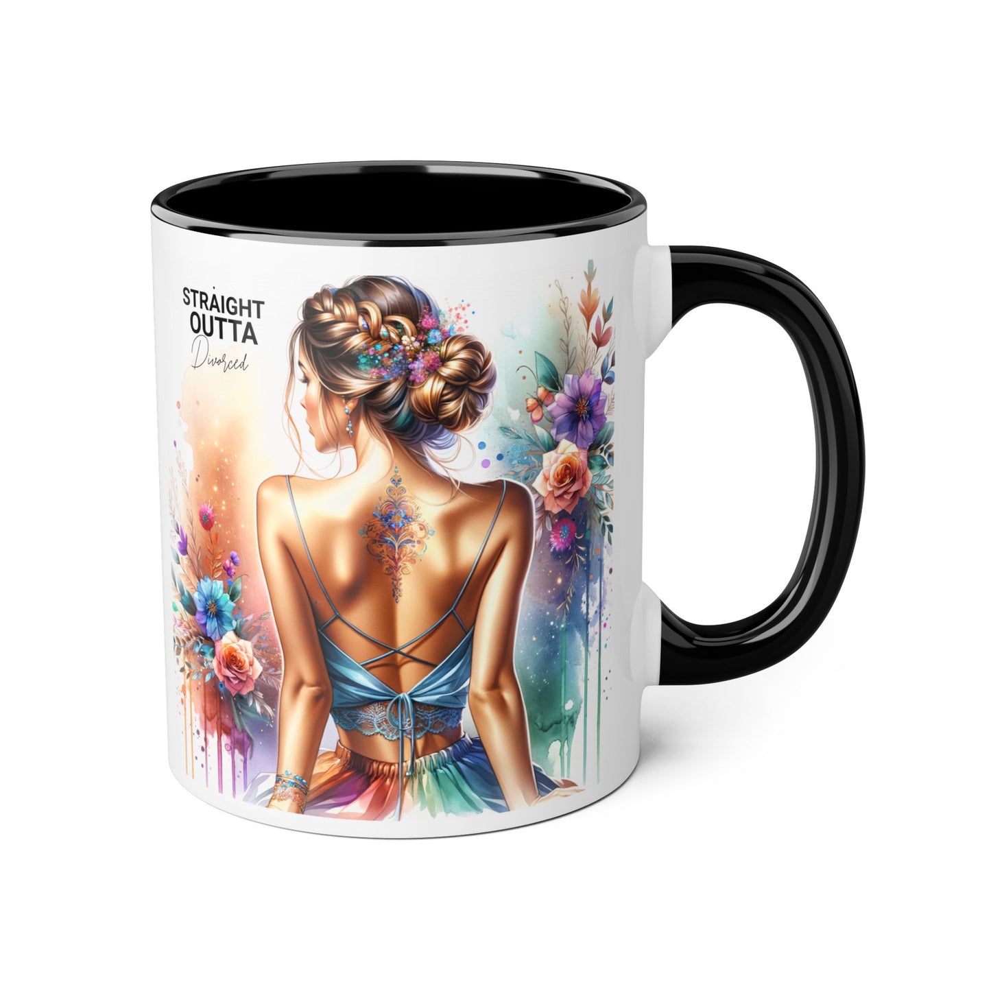 Straight Outta Divorced Humoristic Vibrant Accent Mugs, 11oz - Artistic Coffee Cup, Floral Design Mug, Unique Gift for Her, Birthday Present, Home Décor