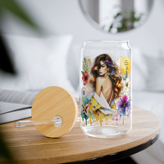 I Am My Own Happily Ever After Floral Sipper Glass, 16oz – Eco-Friendly Drinkware, Perfect for Summer, Garden Parties, Gifts for Her, Sustainable Style