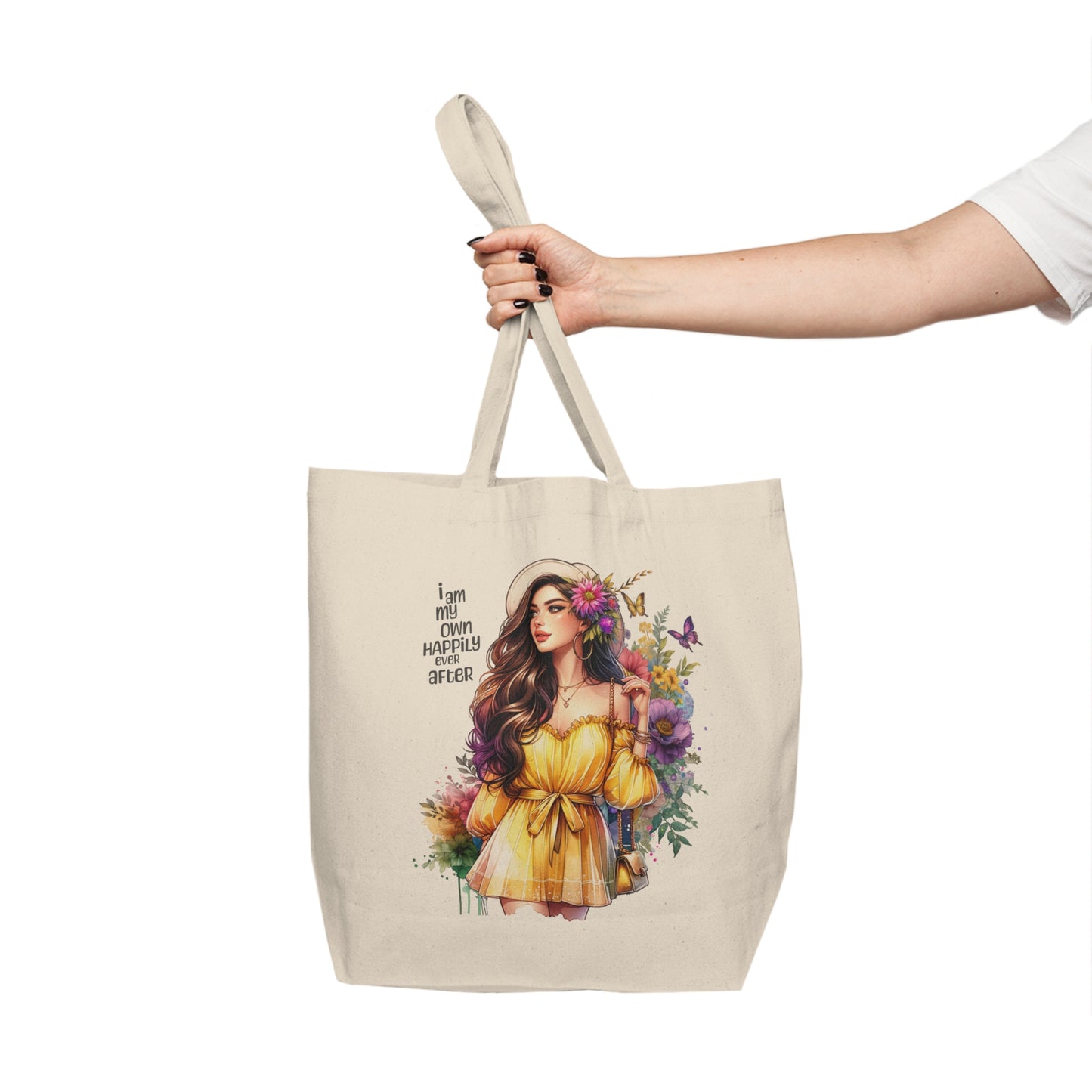 I Am My Own Happily Ever After Floral Canvas Tote Bag, Boho Shopping Bag, Eco-Friendly Reusable Bag, Gift for Her, Summer Tote, Beach Bag, Handmade