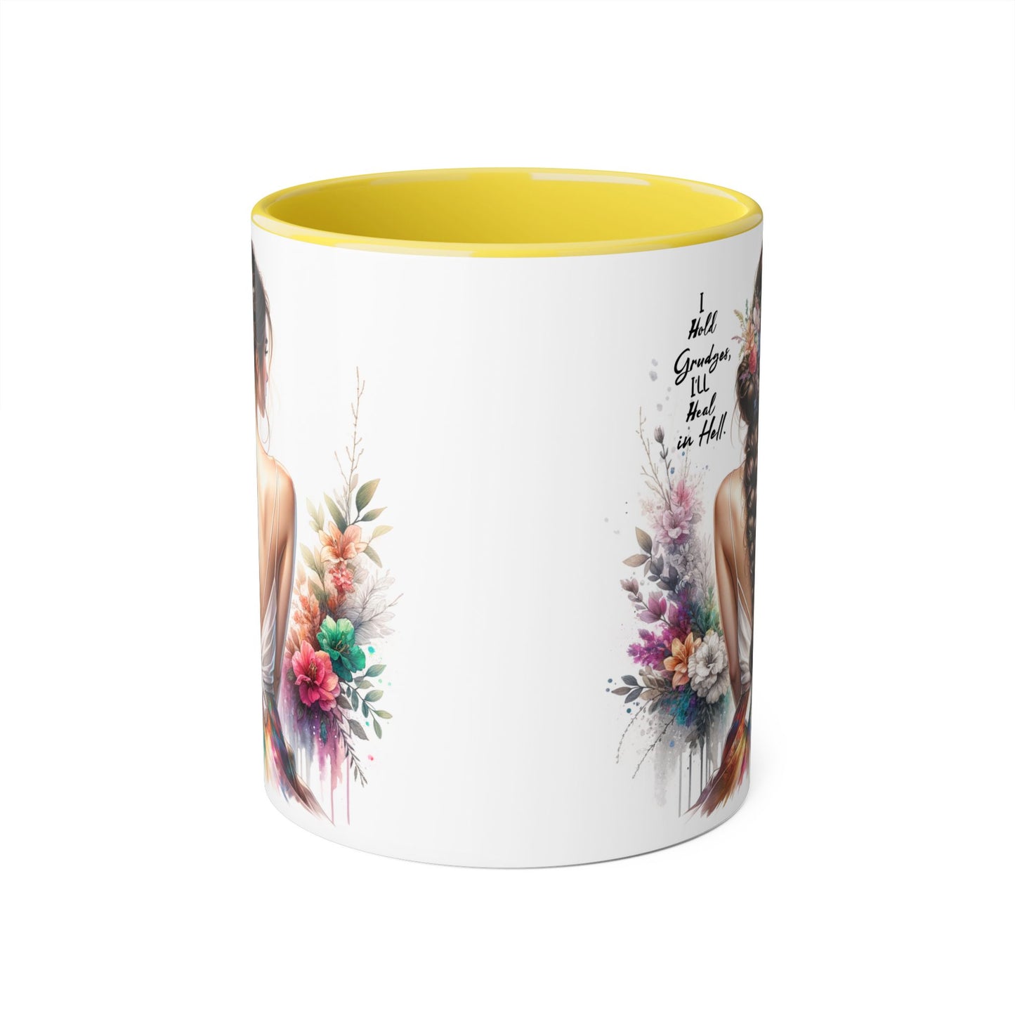 I Hold Grudges, I'll Heal in Hell Floral Art Accent Mug, Coffee Cup Gift, Inspirational Drinkware, Home Decor, Unique Present for Friends