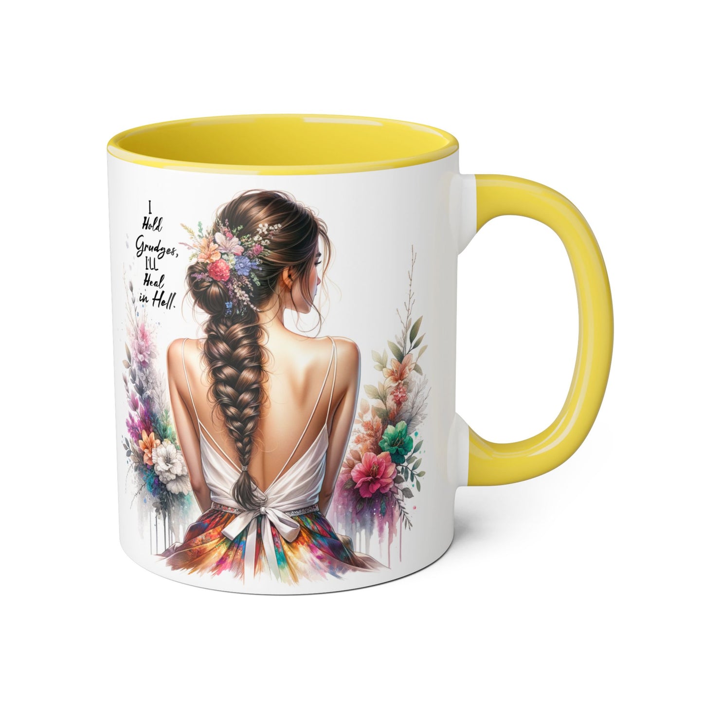 I Hold Grudges, I'll Heal in Hell Floral Art Accent Mug, Coffee Cup Gift, Inspirational Drinkware, Home Decor, Unique Present for Friends
