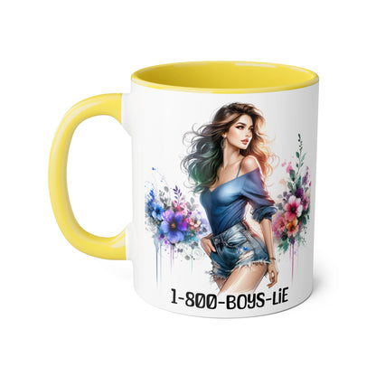 Chic Watercolor Accent Mugs, Floral Coffee Cup, Gift for Her, Trendy Drinkware, Unique Office Mug, 1-800-BOYS-LIE