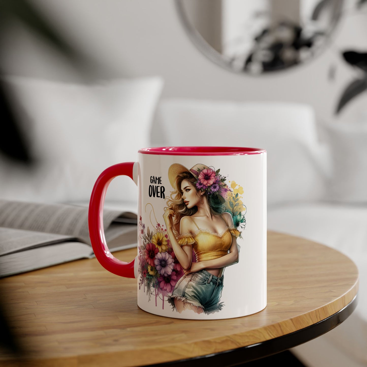 Game Over Floral Accent Mug, Gift for Gamers, Coffee Tea Cup, Home Decor, Birthday, Celebration, Unique Mug