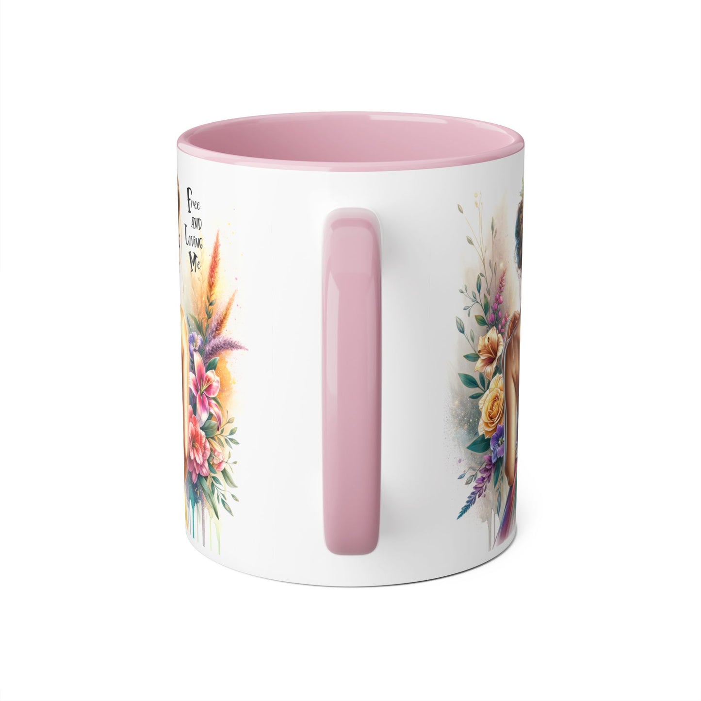 Free and Loving Me Empowering Quote Accent Mug, Inspirational Coffee Mug, Floral Design Mug, Unique Gift for Women, Motivational Drinkware