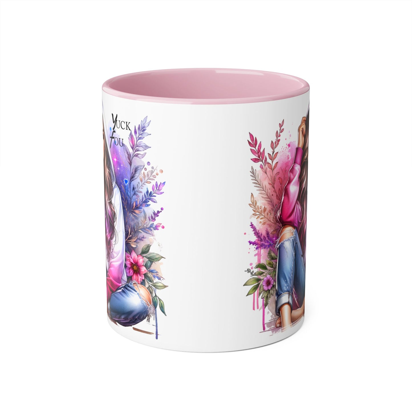Yuck Fou Chic Floral Accent Mug, Inspirational Coffee Cup, Gift for Her, Relaxing Tea Mug, Boho Style Drinkware, Unique Home Decor