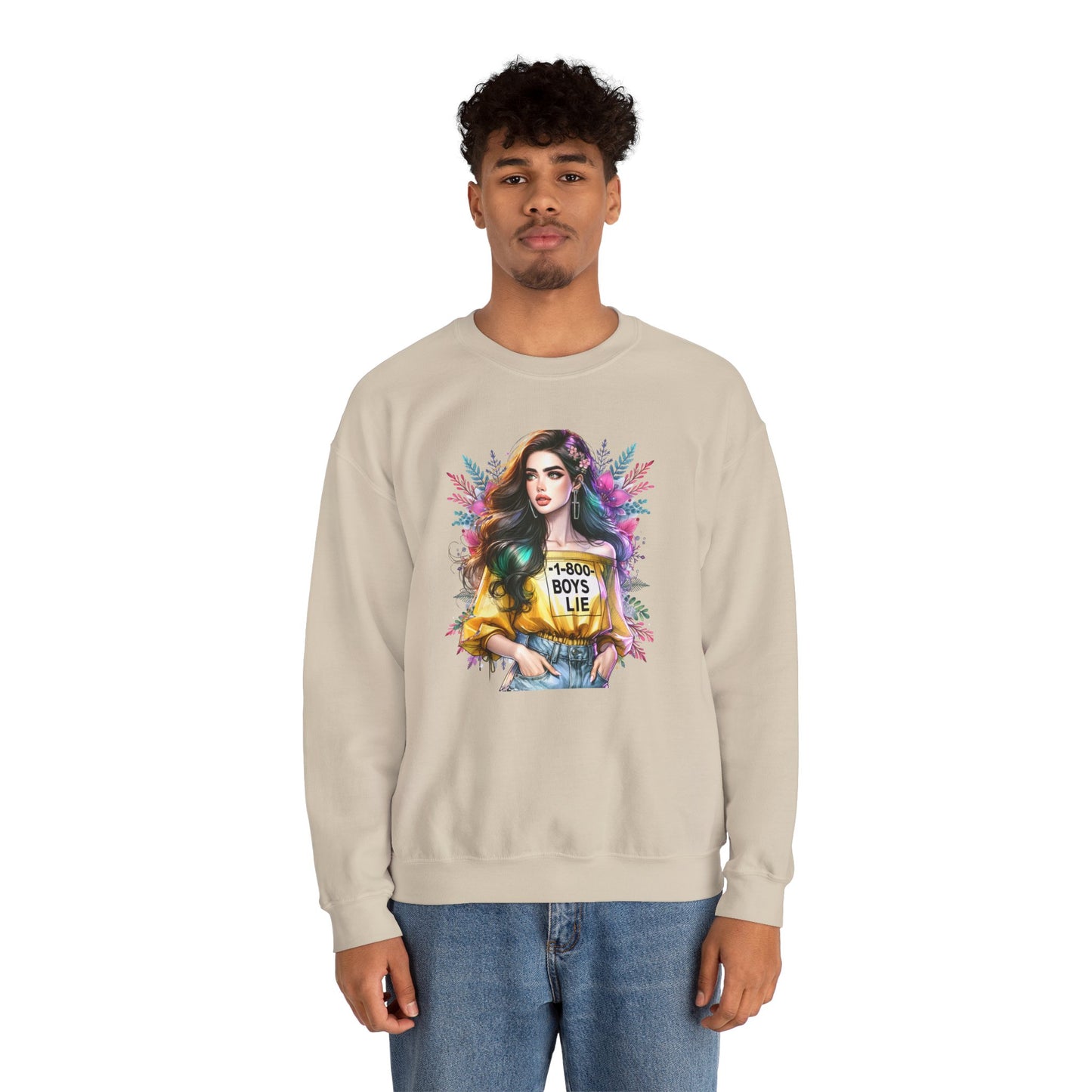 1-800-Boys-Lie Colorful Graphic Crewneck Sweatshirt - 'Boys Lie' Design, Unisex Sweatshirt, Trendy Gift, Casual Wear, Comfortable Outfit